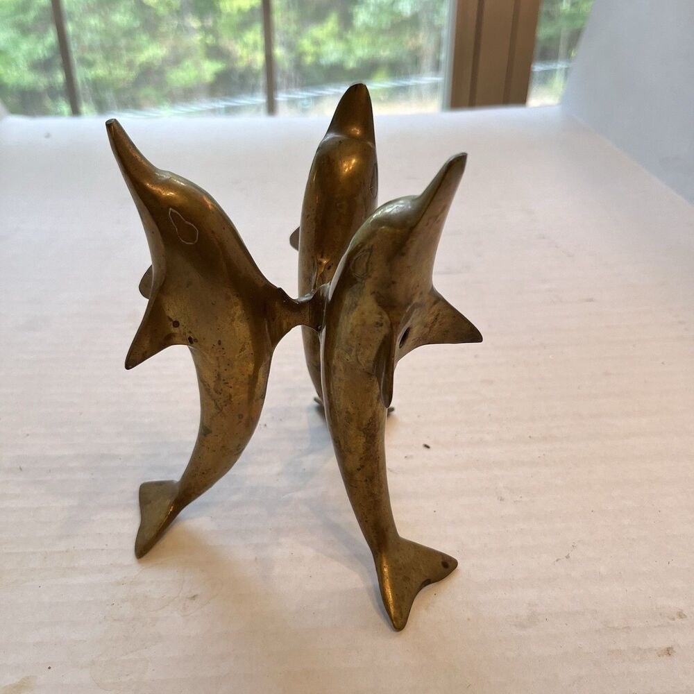 Vtg Brass Dolphin Statue Sphere Holder 6" 1.7 lb Metal Stand